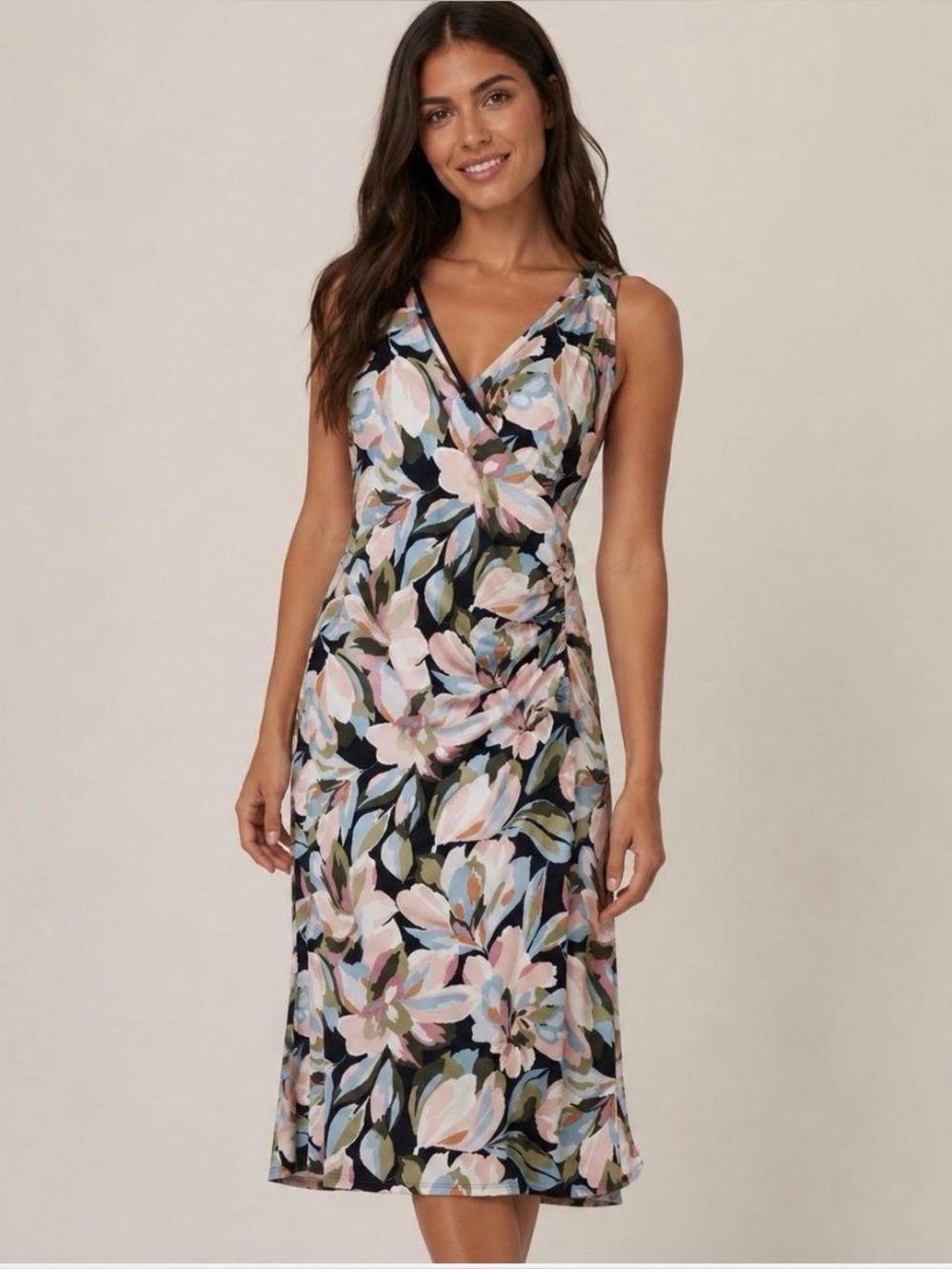 Jolie Sleeveless Floral Wrap Midi Dress - Navy, Pink & Green